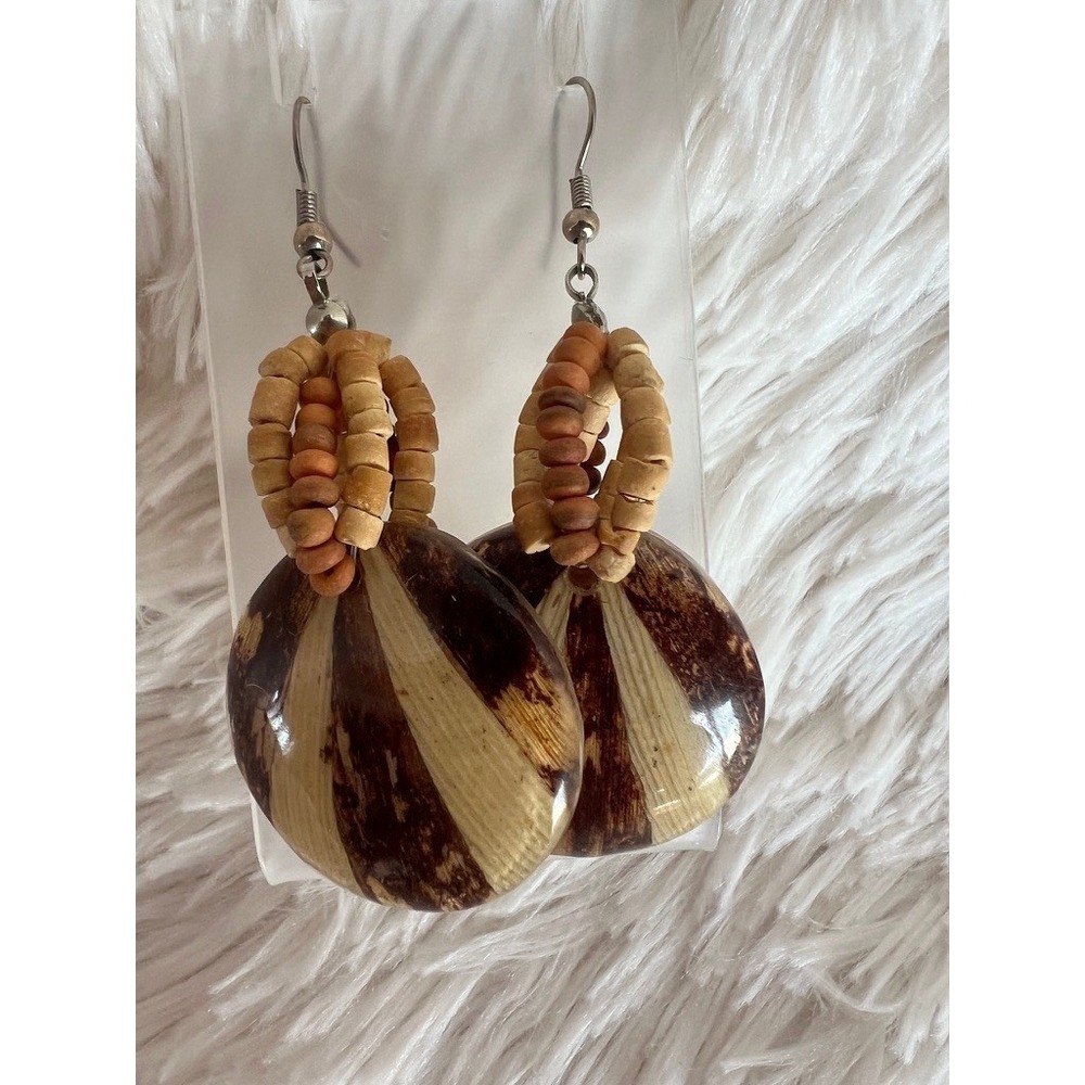 Dangle Earrings Brown Tan Wood Coconut Shell Beaded Striped Earthy Tropical Boho